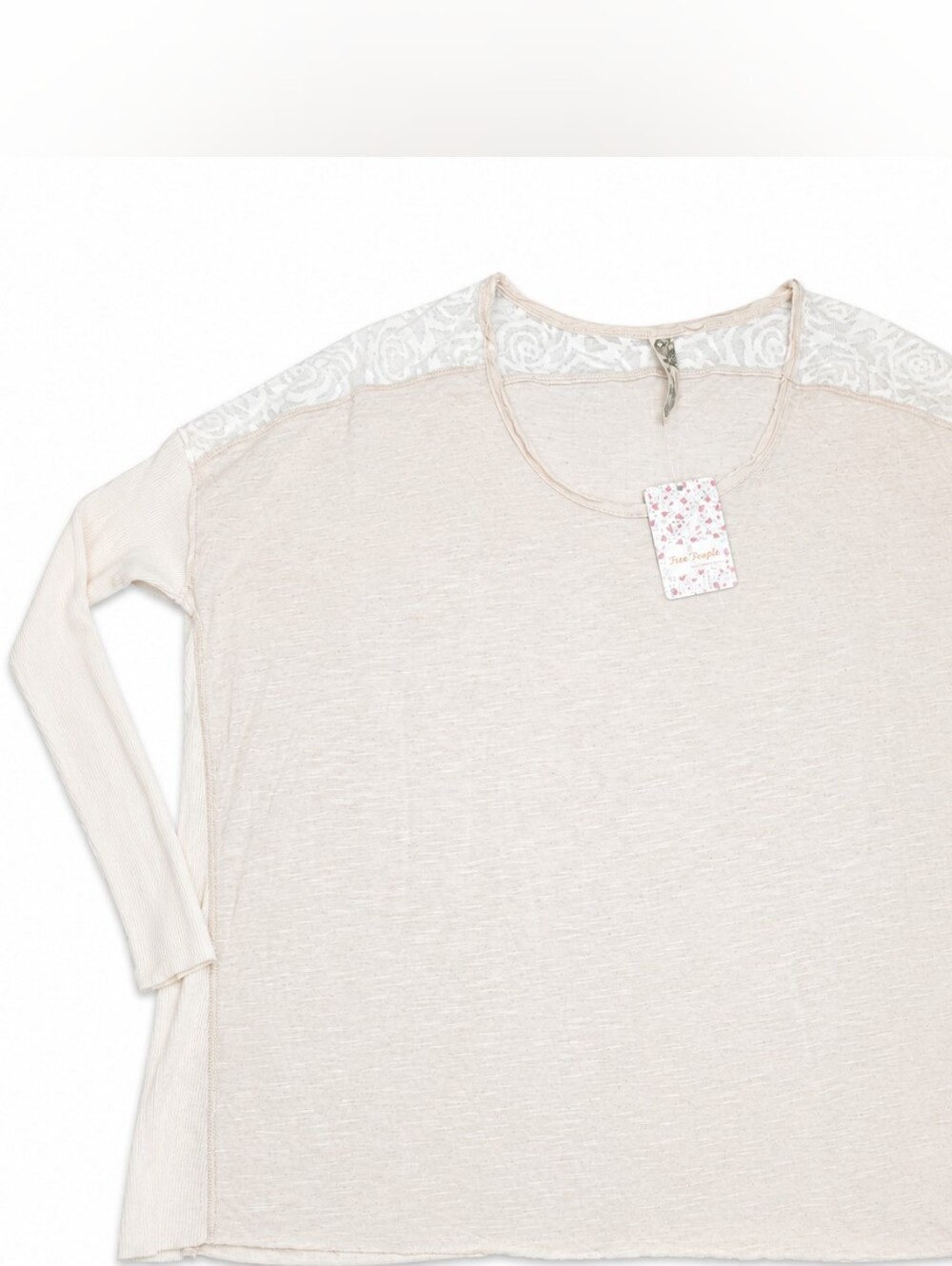 Free People Lace-Shoulder Long Sleeve Top in Light Beige